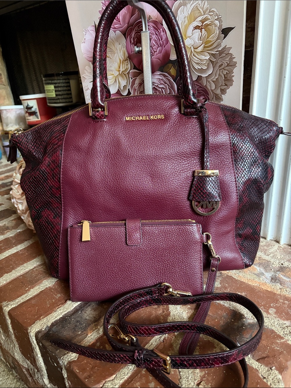 Michael Kors Plum Leather Satchel with Snake-Trim and Wristlet